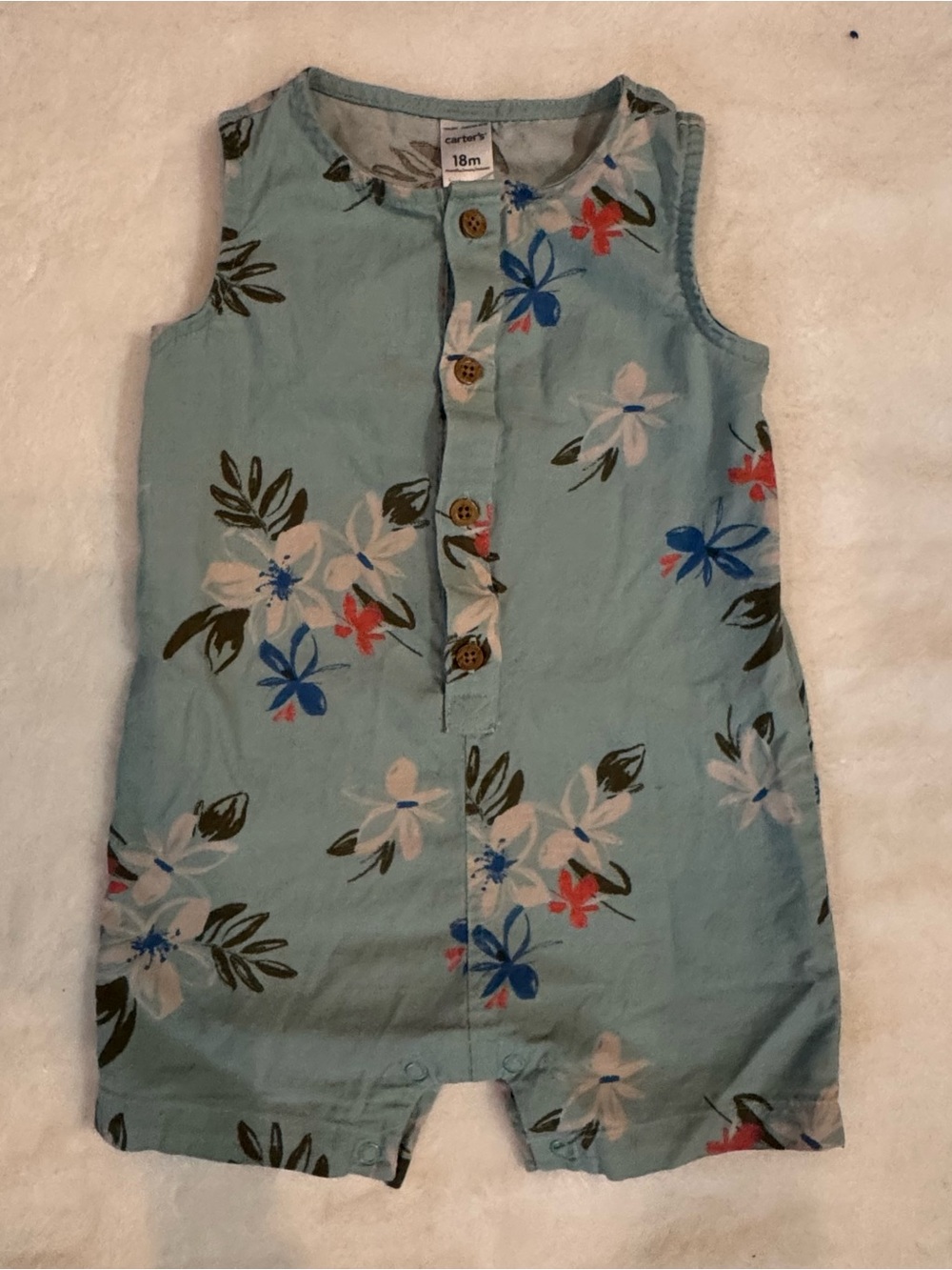 Carter's Light Blue Tropical Print Sleeveless Short Romper with Buttons